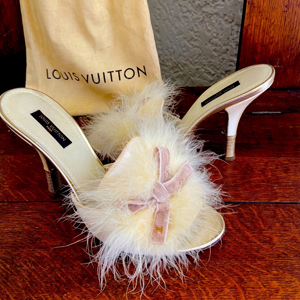 Louis Vuitton Yellow Silk Heels w/ Yellow Ostrich Feather & Velvet Bow